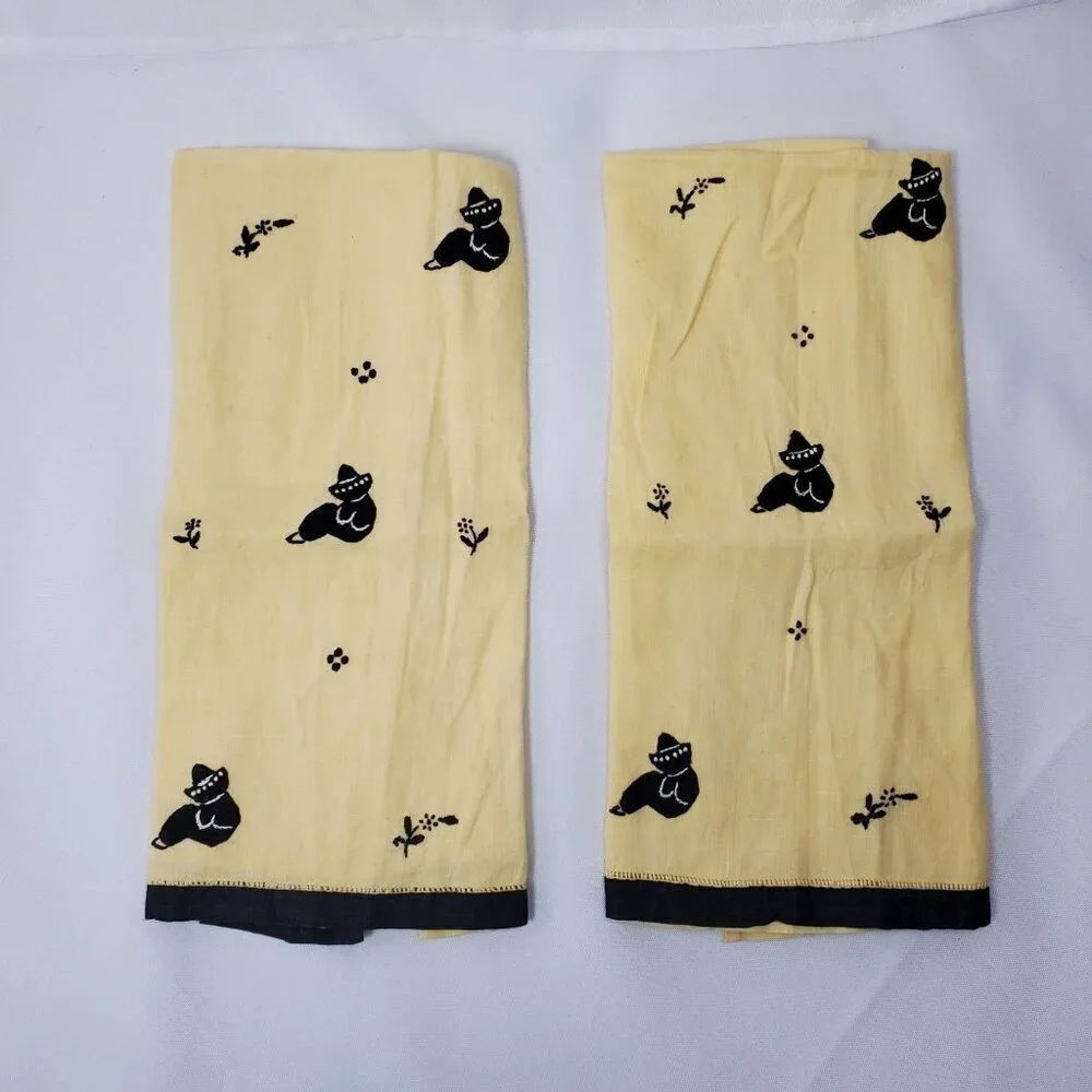 VTG Siesta Hombre Yellow Linen Hand Tea Finger Towels Set Of 2 Mexican Folk Art